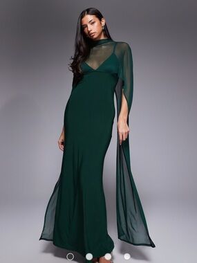 ASOS Elegant Dark Green Sheer Cape Maxi Dress